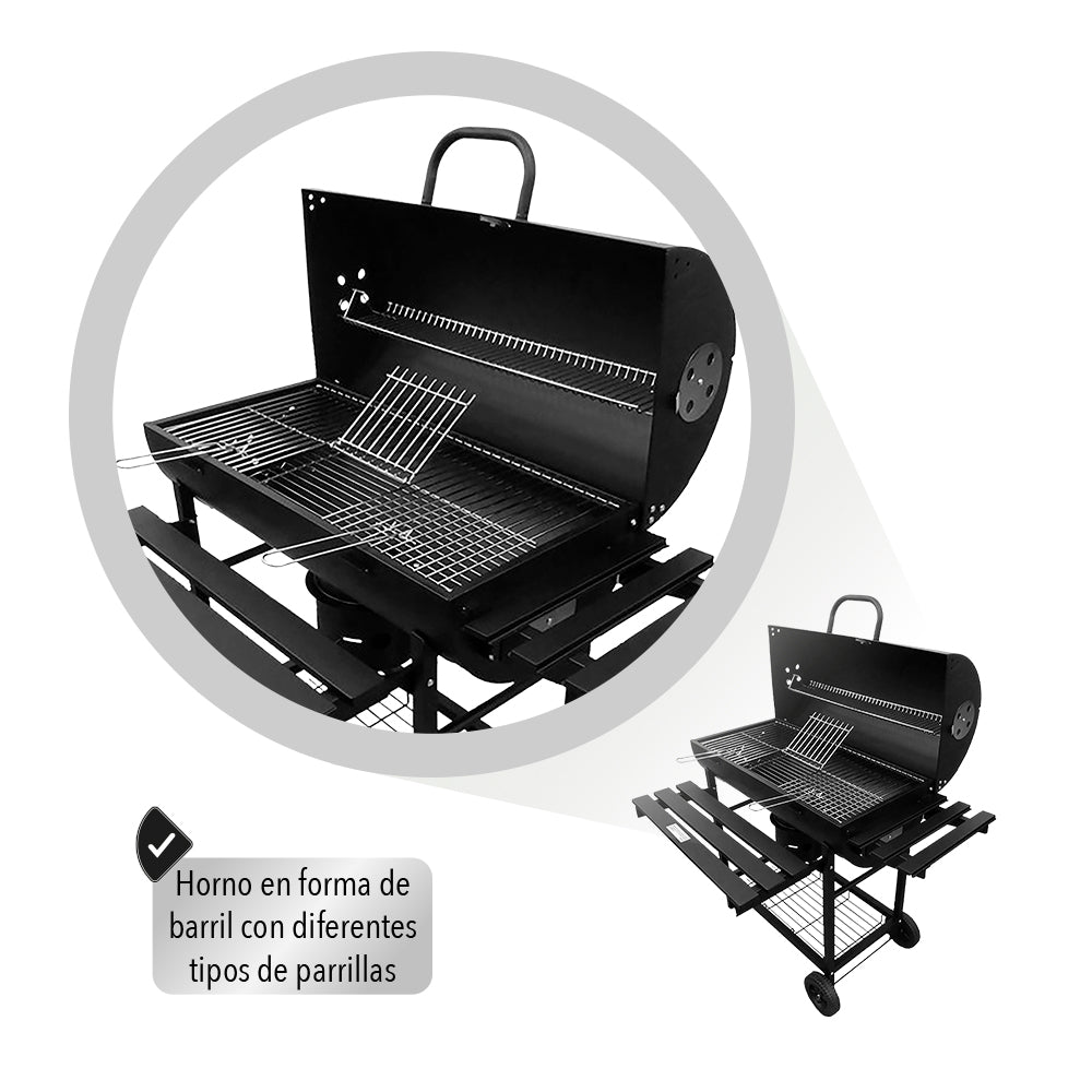 ASADOR TIPO BARRIL COLOR NEGRO 109X70X95 CM