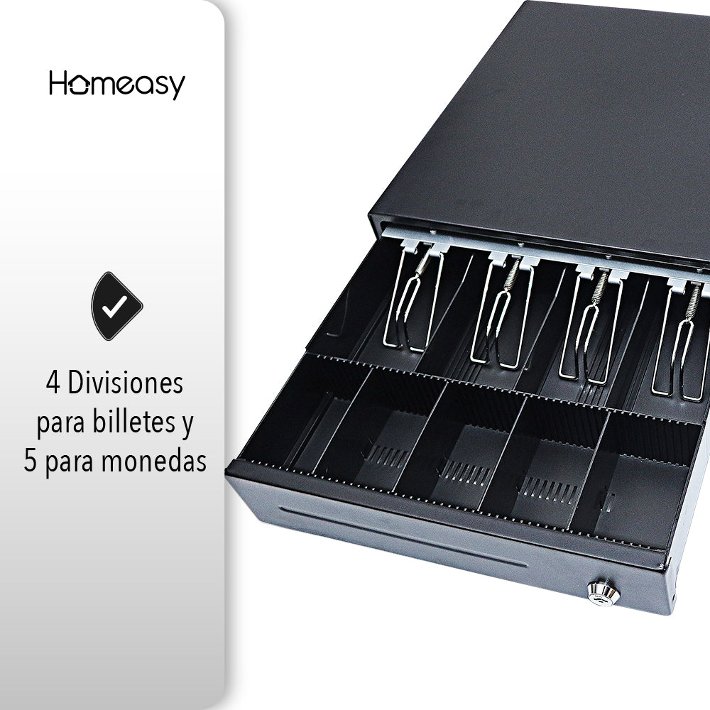 CAJÓN DE DINERO METÁLICO CON 4 COMPARTIMENTOS PARA BILLETES Y 5 PARA MONEDAS