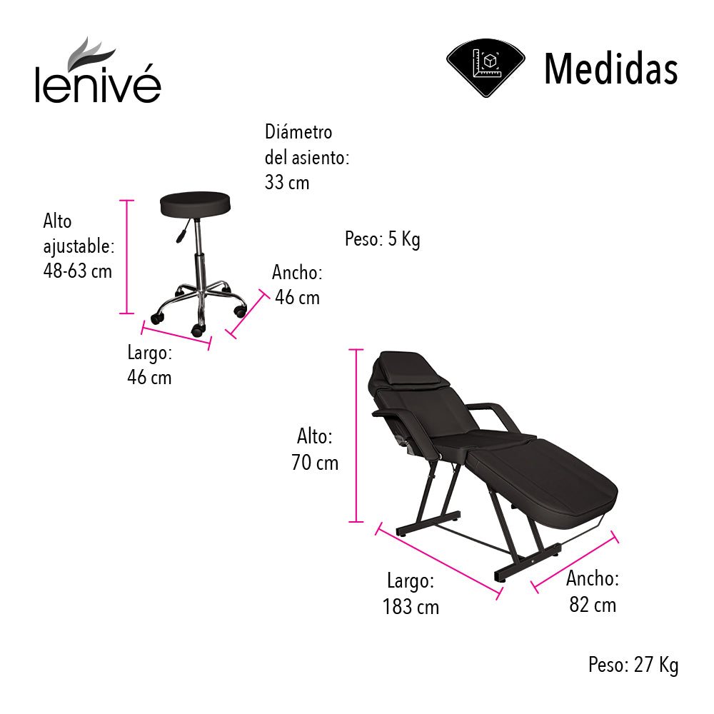 SILLA CAMA PARA FACIALES COLOR NEGRO CON BANCO