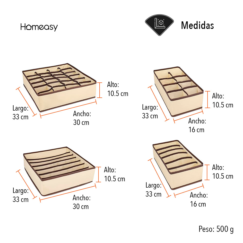 SET DE 4 ORGANIZADORES Y DIVISOR DE CAJONES COLOR BEIGE