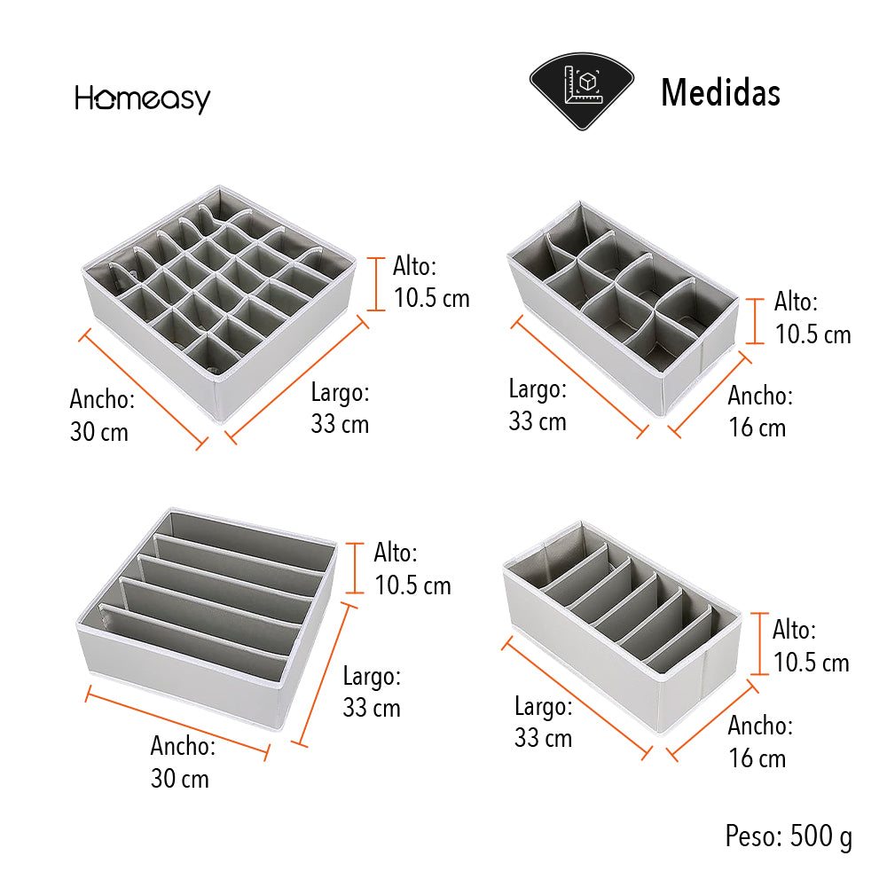 SET DE 4 ORGANIZADORES Y DIVISOR DE CAJONES COLOR GRIS