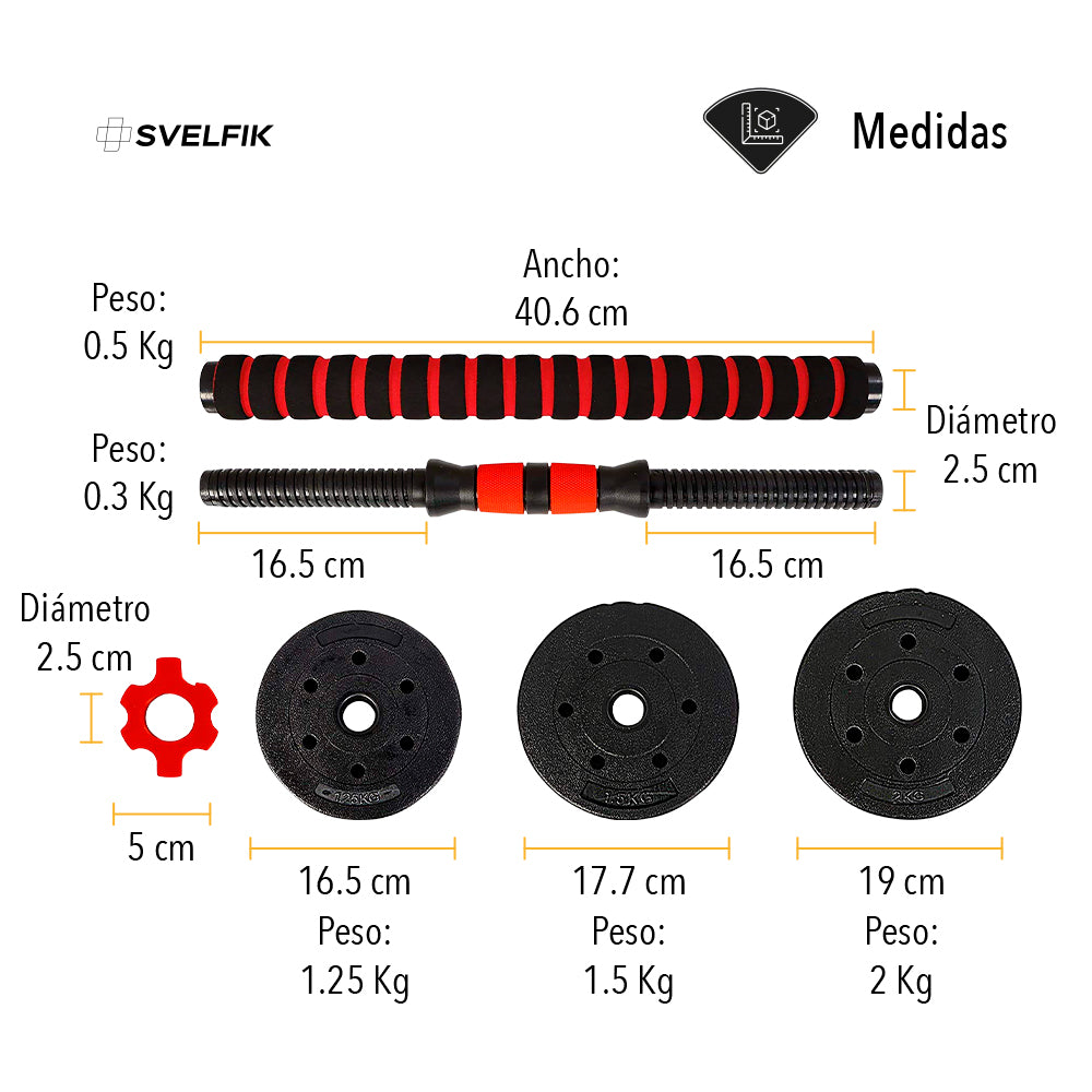 JUEGO DE PESAS MANCUERNAS Y BARRA 20 KG