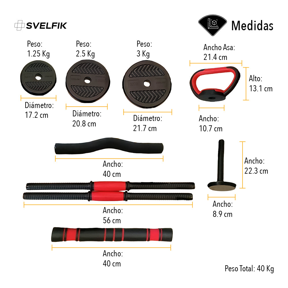 KIT DE PESAS CONVERTIBLE MANCUERNAS BARRA 40 KG