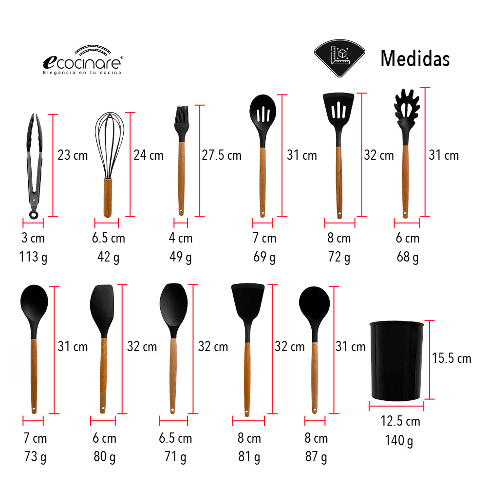SET DE 12 UTENSILIOS DE COCINA COLOR NEGRO