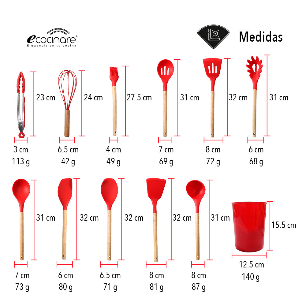SET DE 12 UTENSILIOS DE COCINA COLOR ROJO